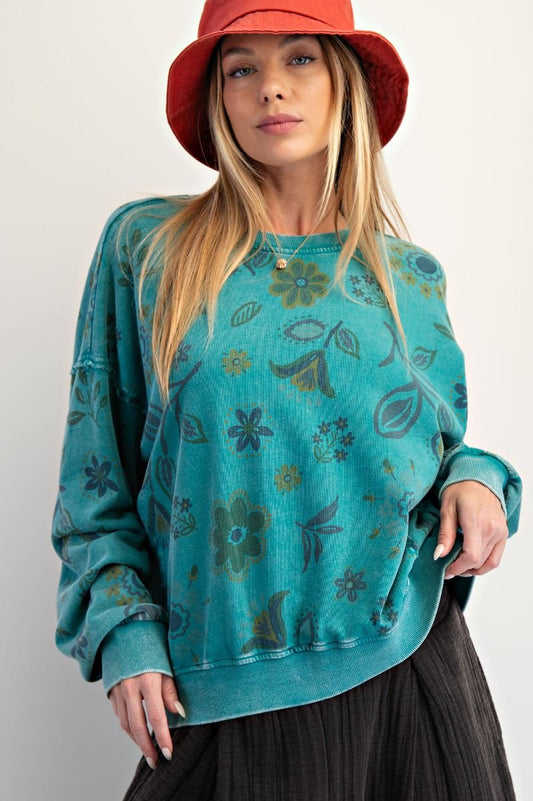 EASEL Floral Print Washed Terry Pullover Teal