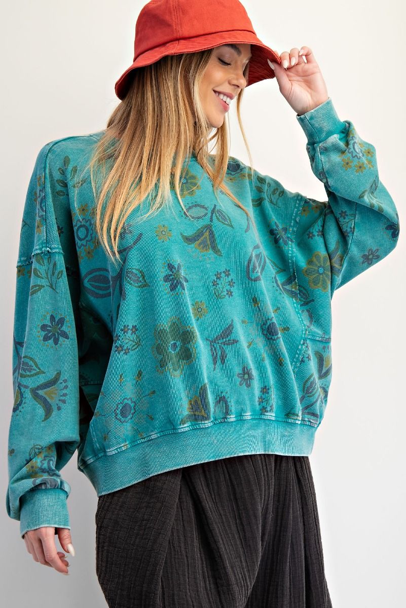 EASEL Floral Print Washed Terry Pullover Teal