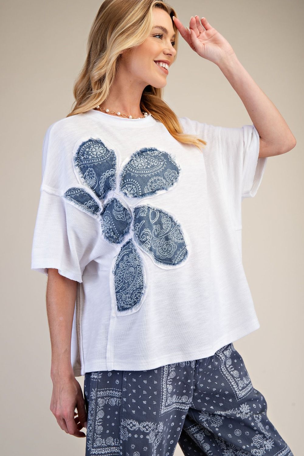 Easel White Floral Patch Top