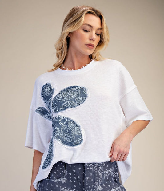 Easel White Floral Patch Top
