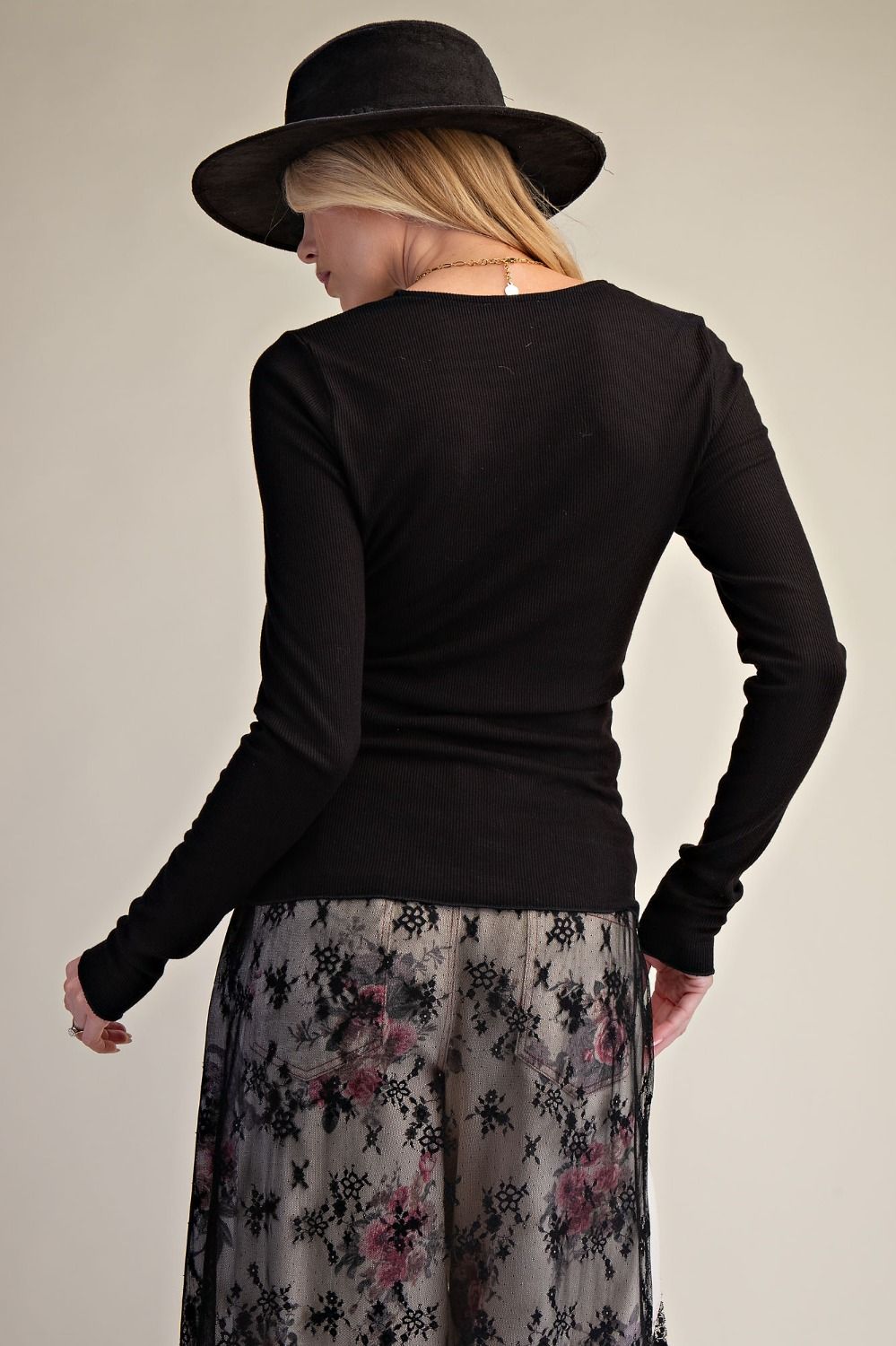 Easel Black Lace Rib Knit Top