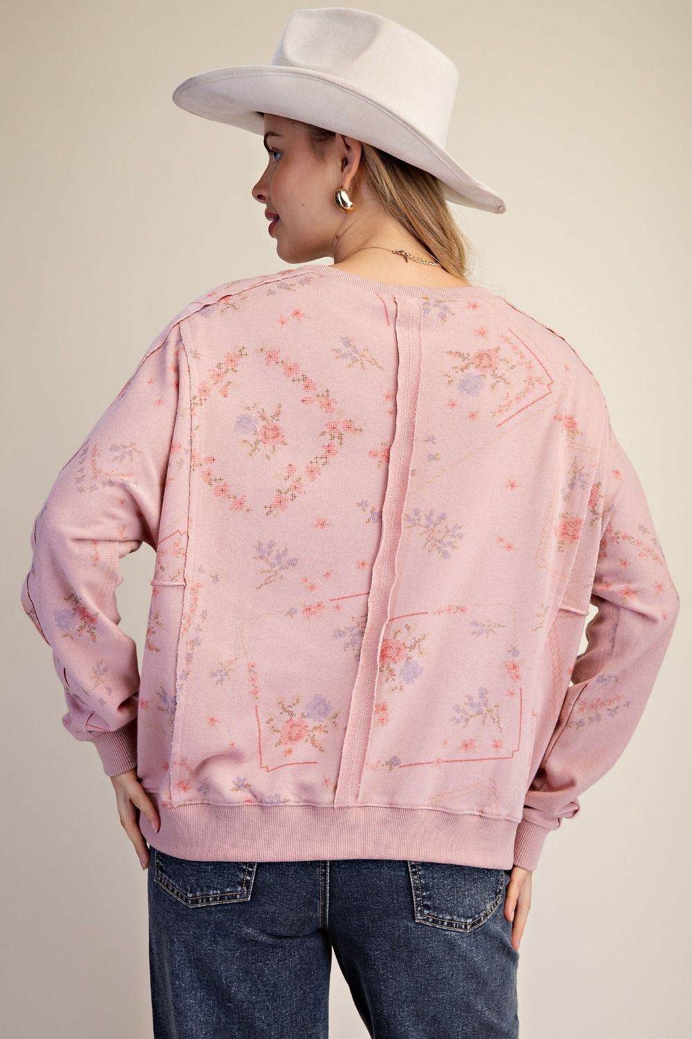 EASEL V Rose Cross Stitch Terry Pullover