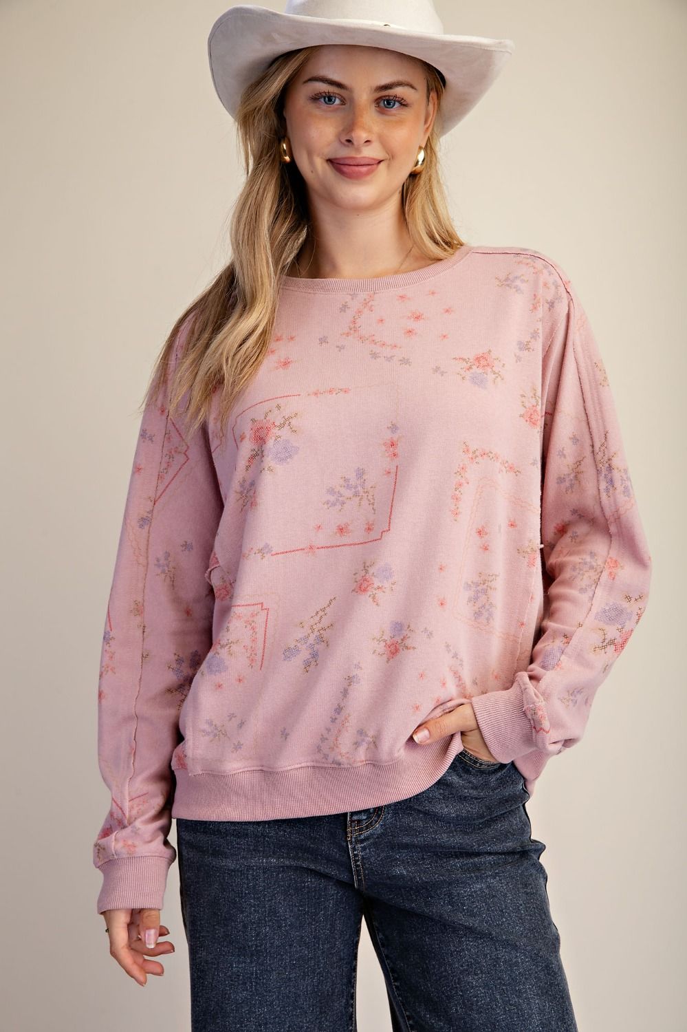 EASEL V Rose Cross Stitch Terry Pullover