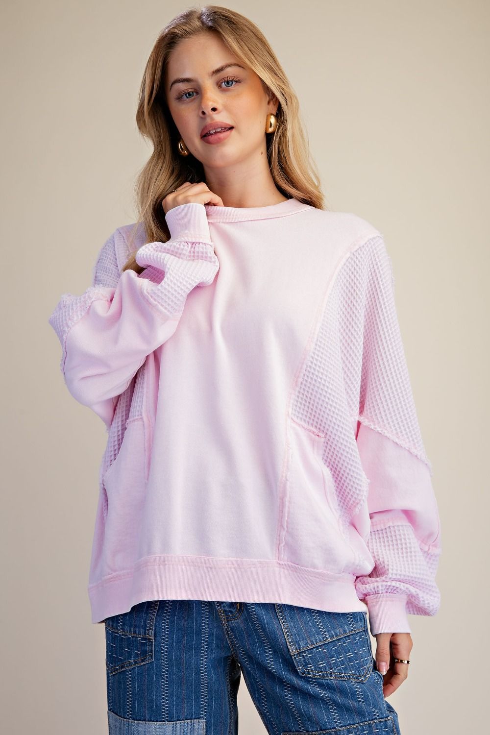 EASEL Cotton Pink Thermal Mix Terry Knit Top