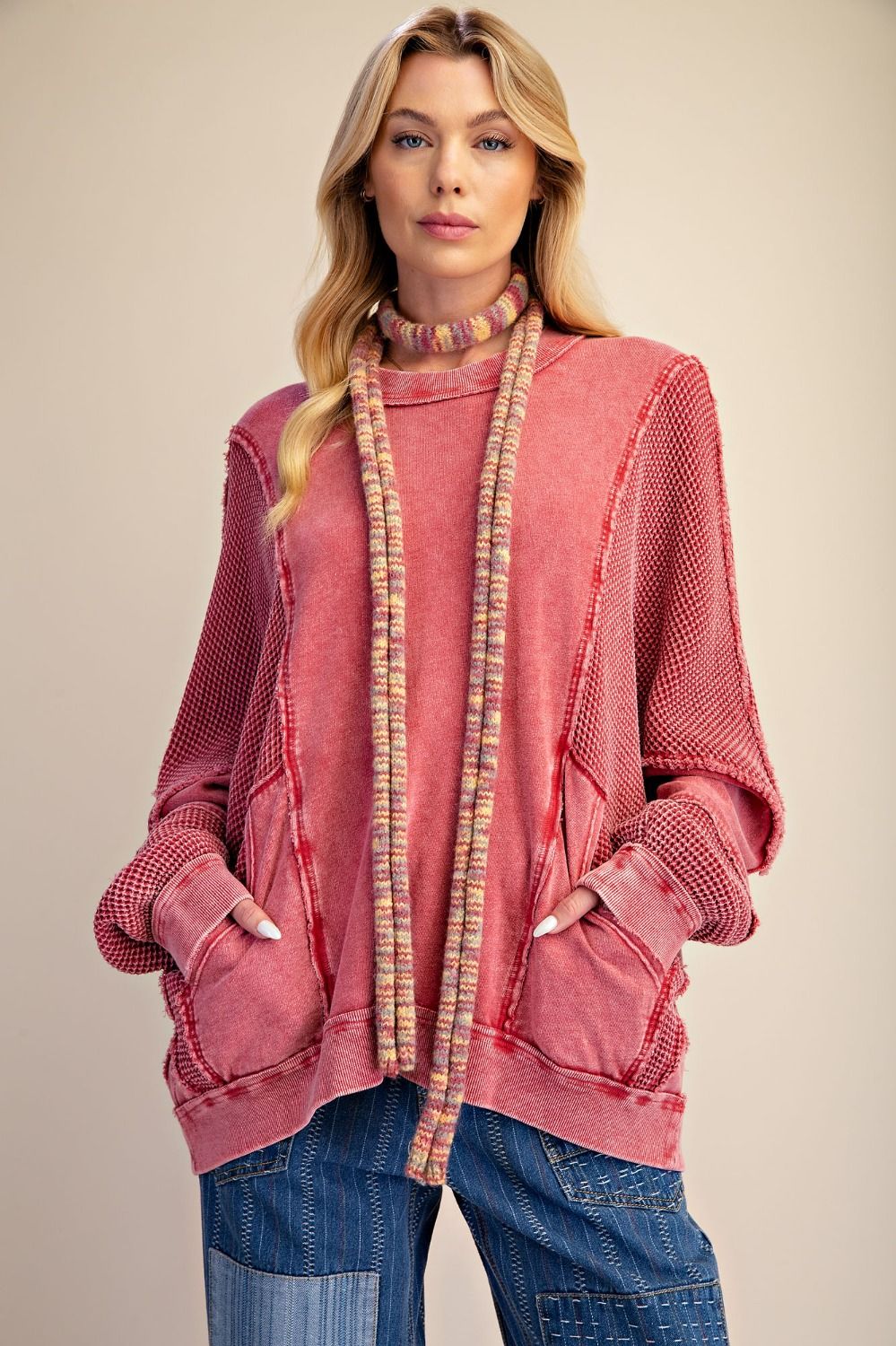 EASEL Red Thermal Mix Terry Knit Top