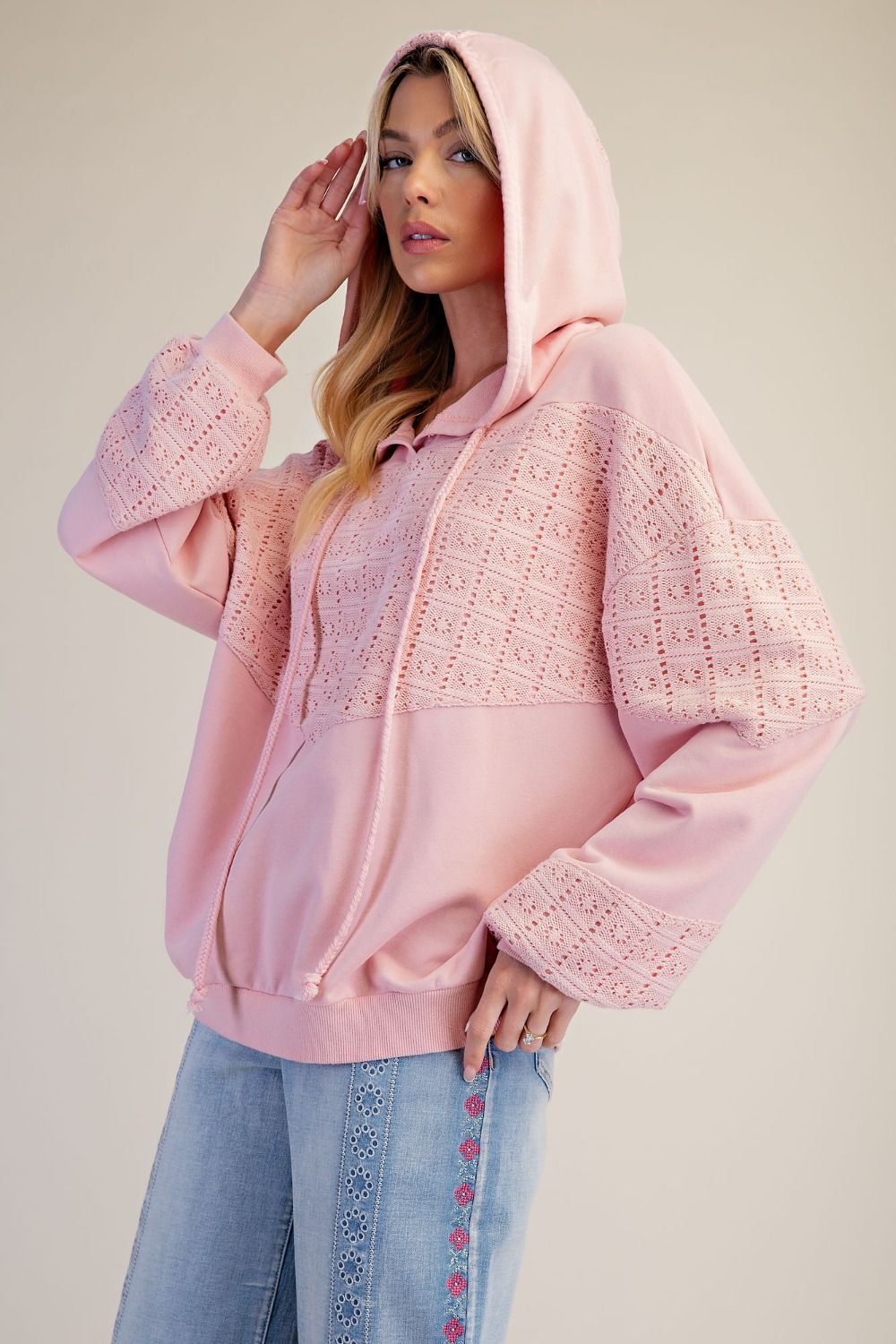 EASEL Pink Crochet Hooded Pullover