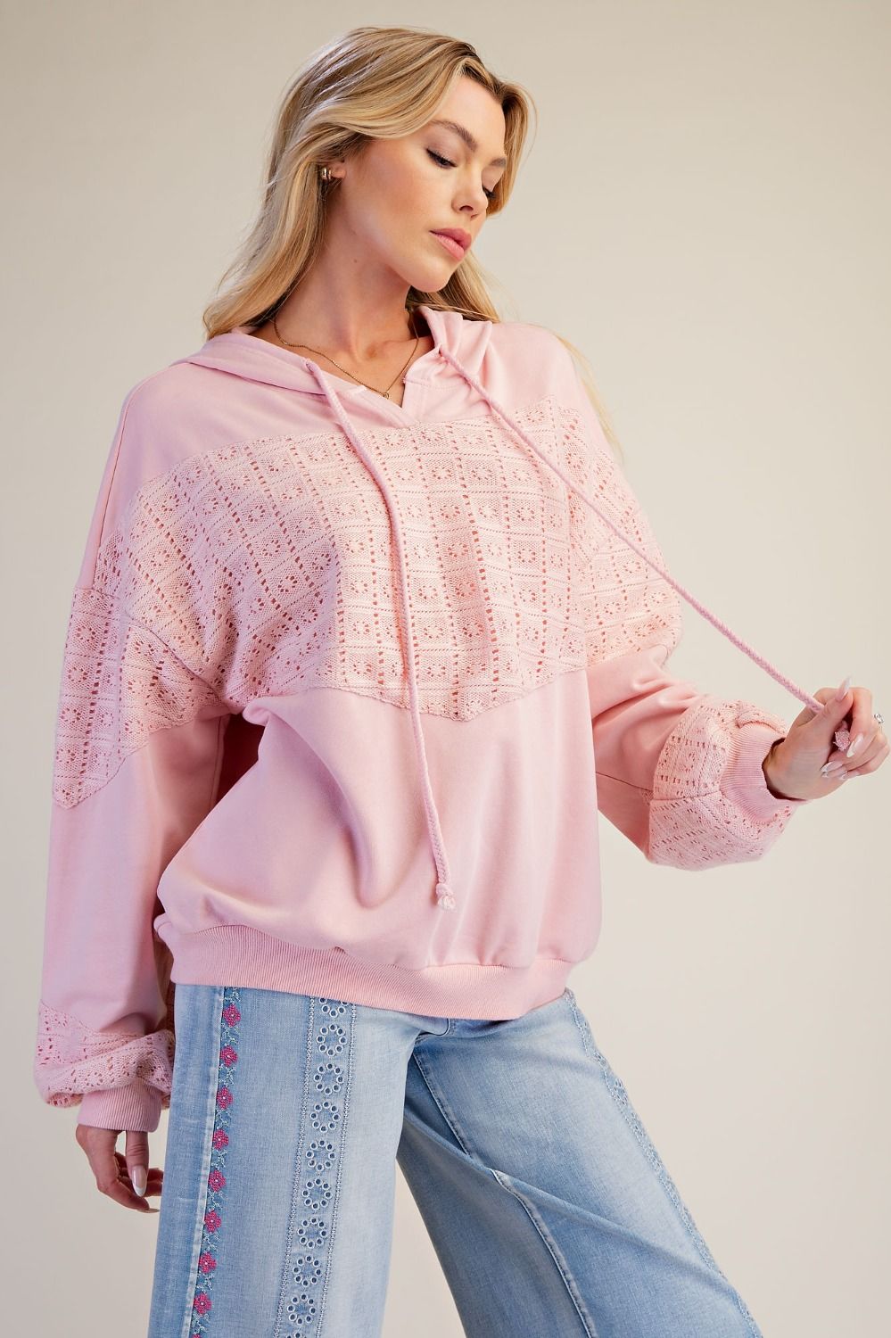 EASEL Pink Crochet Hooded Pullover