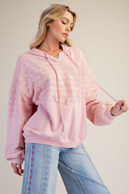 EASEL Pink Crochet Hooded Pullover
