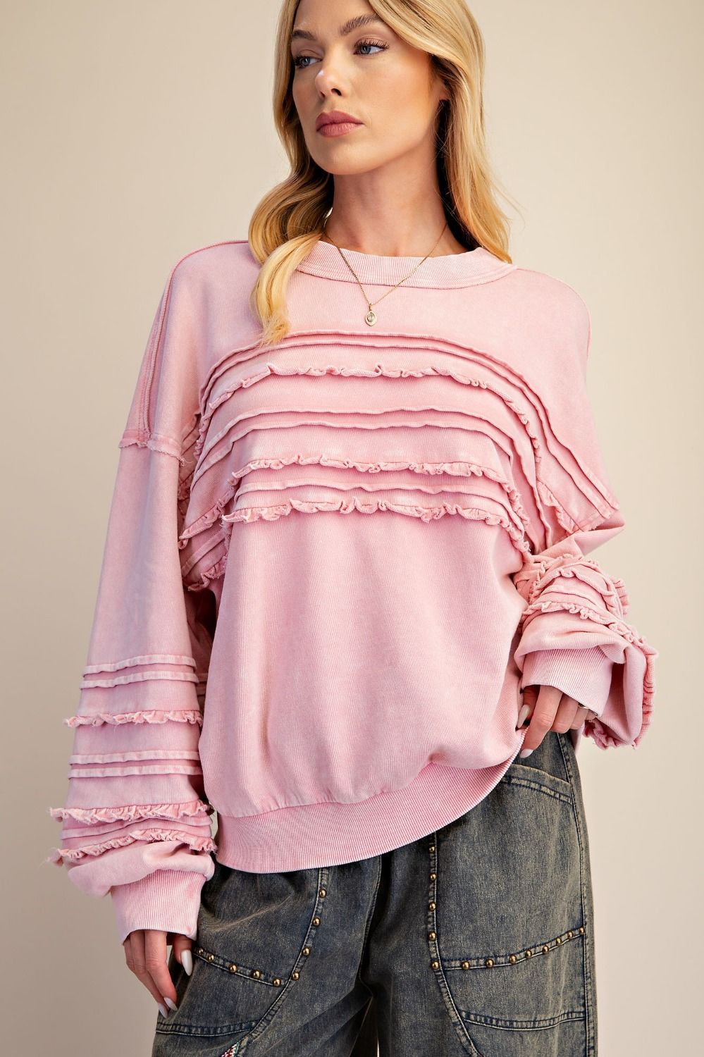 EASEL Cotton Pink Ruffle Sweater