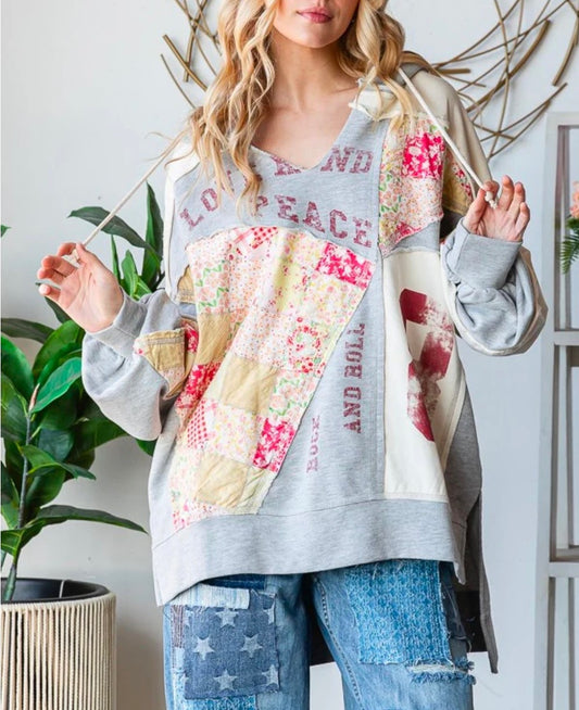 Oli & Hali Washed Patchwork Letter Print Detail Hooded Top