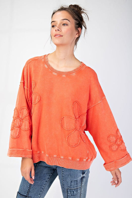 Mineral Washed Flower Patches Pullover in Tomato