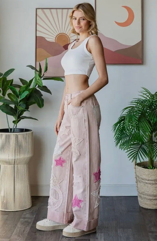 Oli & Hali Washed Star Patchwork Detail Denim Jeans PINK