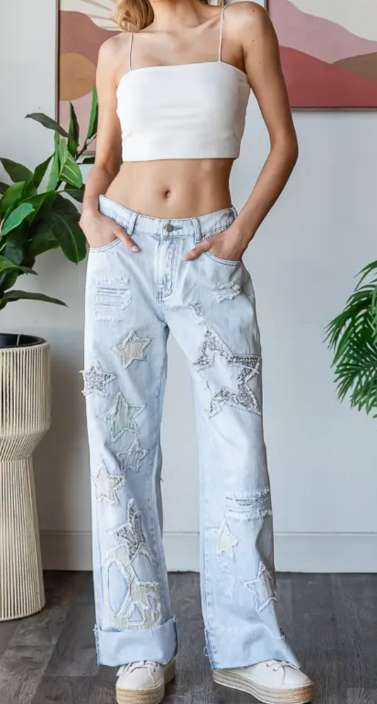 Oli & Hali Washed Star Patchwork Detail Denim Jeans BLUE