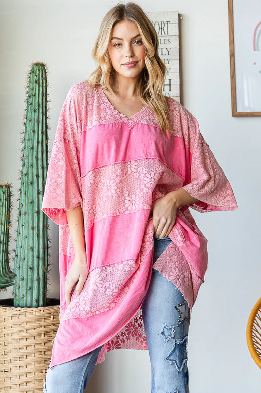 OLI & HALI Lace Mix Media Short Sleeve Frayed Hem Boxy Top Bubble Gum Pink