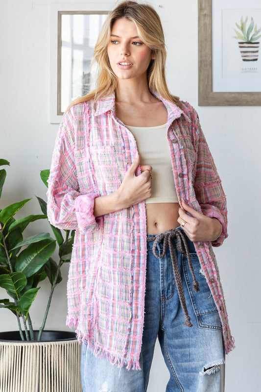 OLI & HALI Washed Plaid Mixed Button Down Top Pink