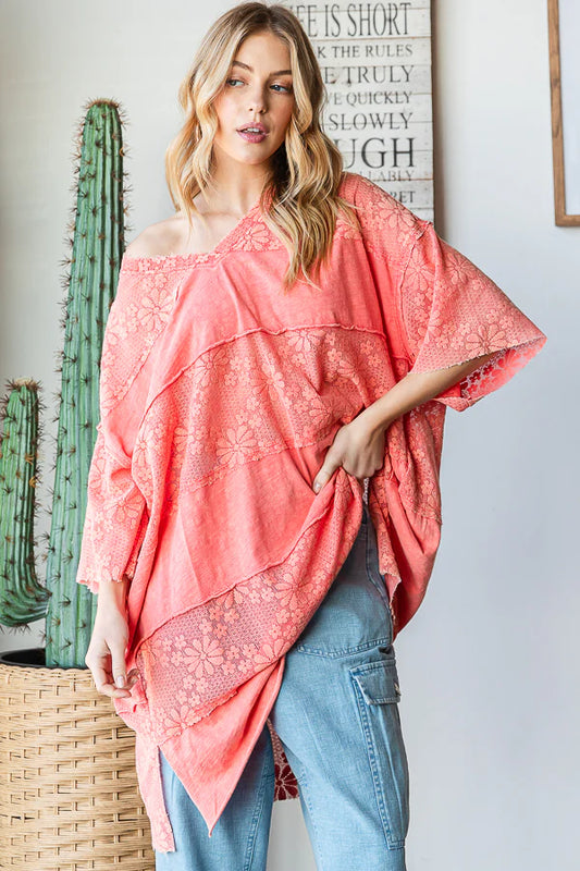 OLI & HALI Lace Mix Media Short Sleeve Frayed Hem Boxy Top Tomato