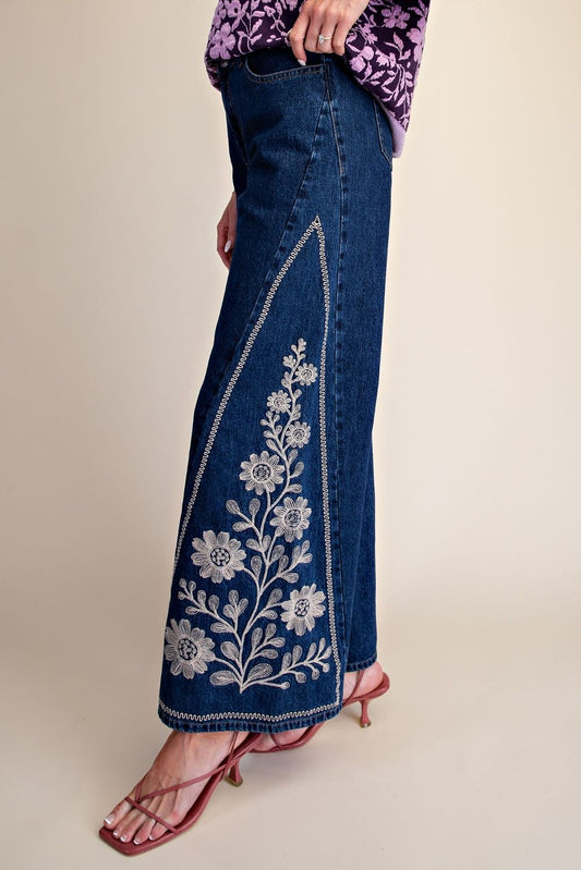 EASEL Dark Denim Embroidered Bellbottom Pants