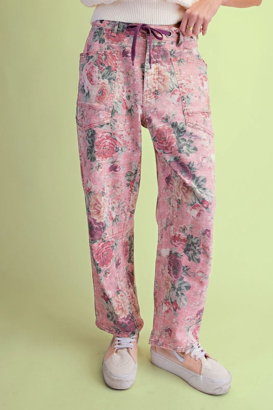 EASEL Pink Floral Barrel Pants