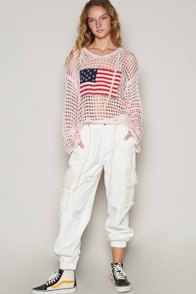 POL Loose Crochet Flag Hoodie
