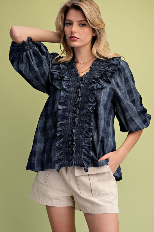 EASEL Dark Denim Plaid Ruffle Top