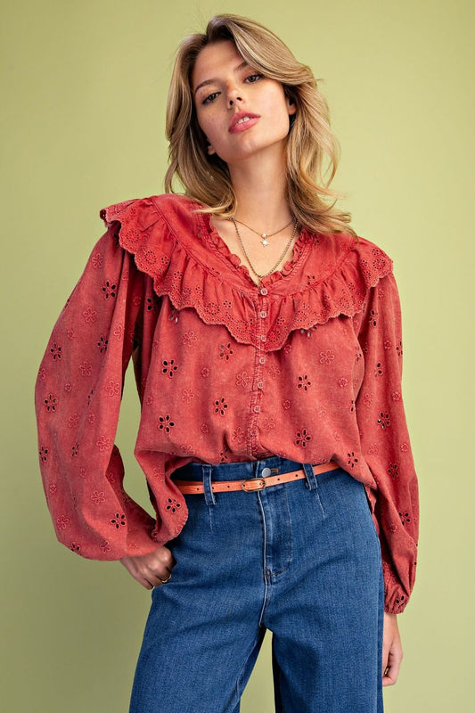 EASEL Boho Red Eyelet Cotton Blouse