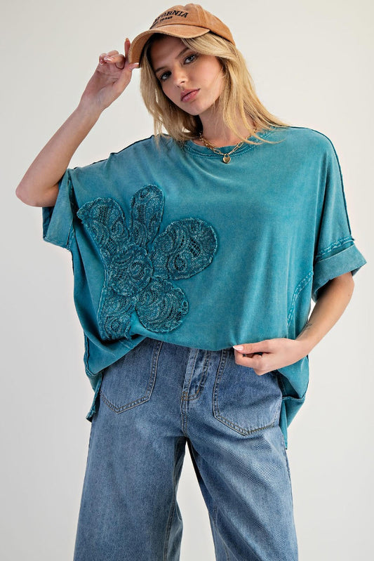 Easel Short Sleeve Lace Flower Tee Teal
